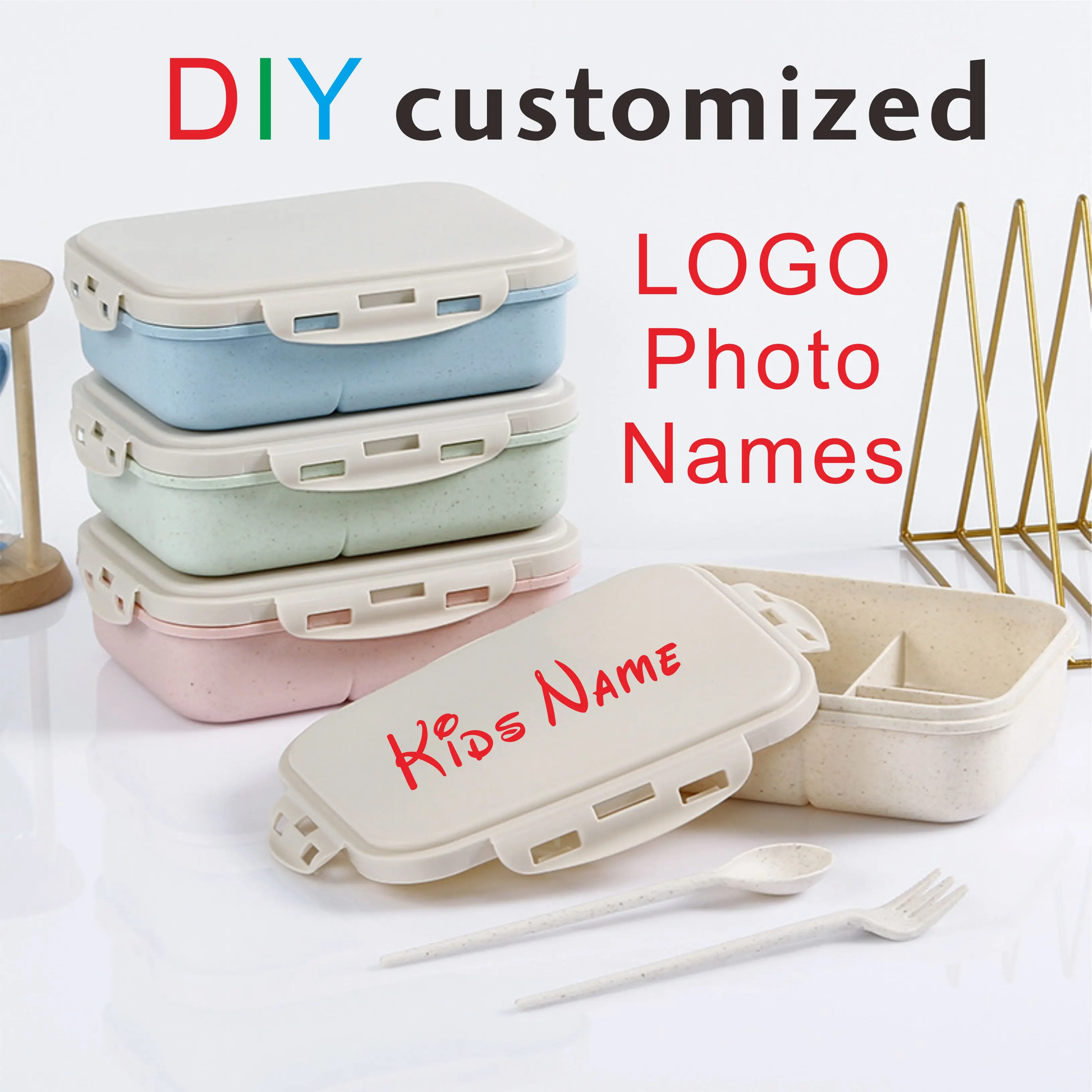 

Snack Box for Kids School Child Name LOGO Cartoon Picture Photo Customized Eco Friendly Material with Spoon Fork