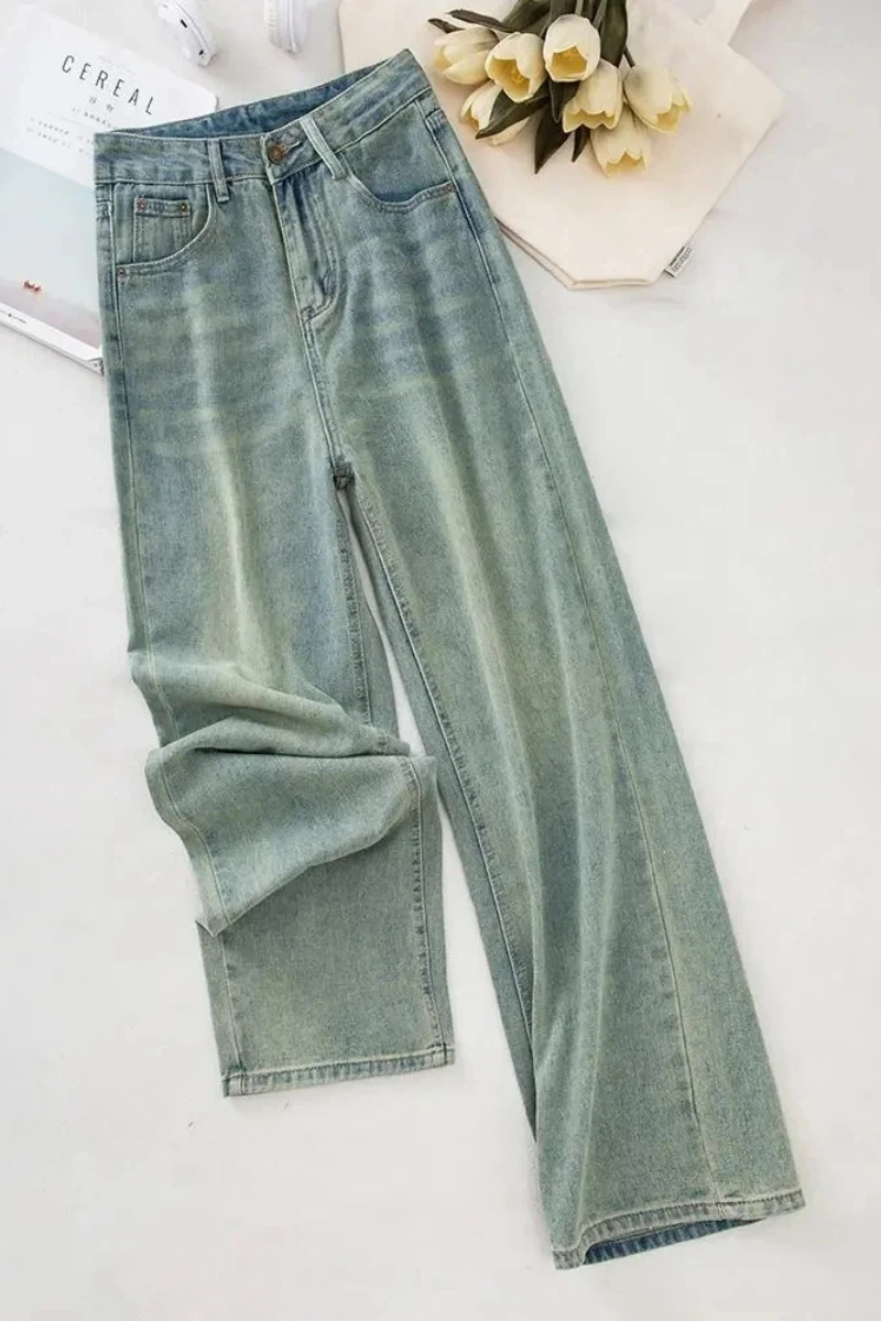 

Женские джинсы Y2k, свободный крой, высокая талия, прямые брюки, зима, легкий вес, 2025 г., модный утягивающий дизайн, миниатюрные широкие брюки