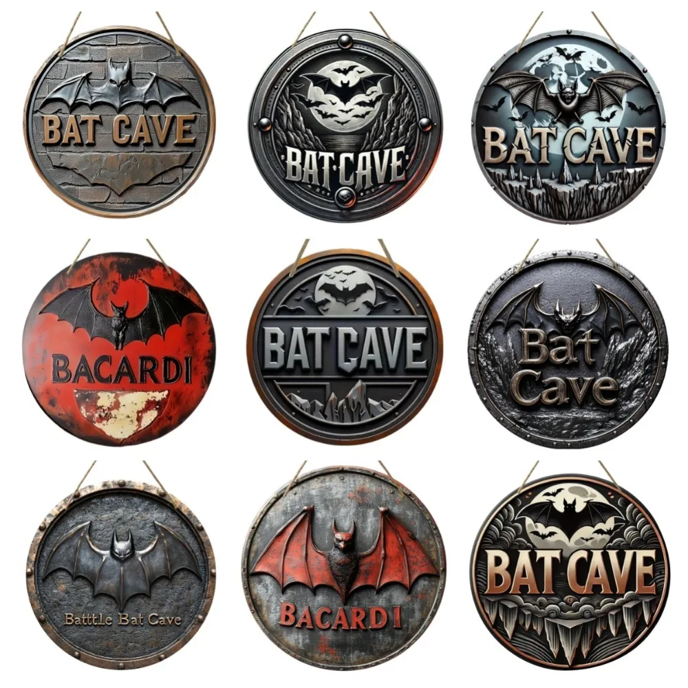 High Definition Round Wooden Bat Cave Gothic Wall Sign Vintage Halloween Bat Pattern Hanging Decorative Plaque for Home Bar Pub