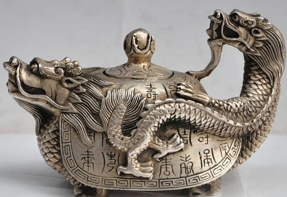 

Dekorasi Perunggu Factory Outlet Tibet Perak 6 "China Fengshui Silver Dragon Turtle Umur Panjang Beruntung Patung Anggur Teh Pot