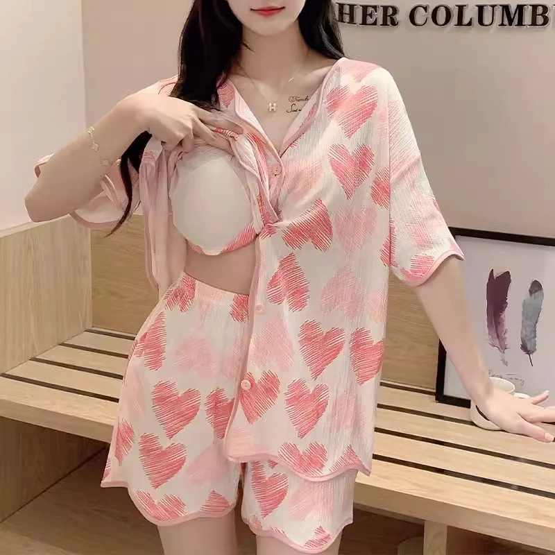 

Pajama Women 2024 Summer Thin Pure Cotton Short Sleeved Shorts Cardigan With Chest Pad Integrated no Wear bra Home Clothing set