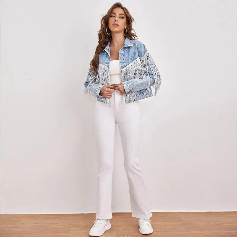 Chaqueta vaquera holgada para mujer, Chaqueta vaquera azul lavada con borlas, ropa de calle Retro, abrigo corto, prendas de vestir, p593, para las cuatro estaciones