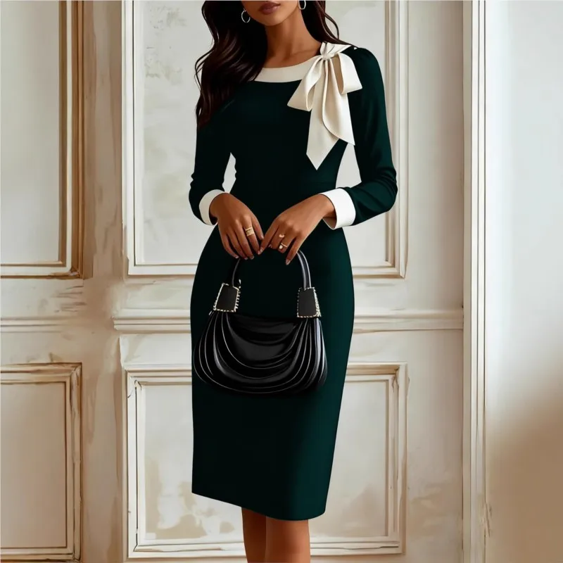 Seksowna Elegancka Dopasowana Sukienka Bodycon z Dekoltem O, Długim Rękawem, Ozdobnymi Wstawkami, Jednolita, Modna Sukienka Wieczorowa na Imprezę, Długość do Kolan