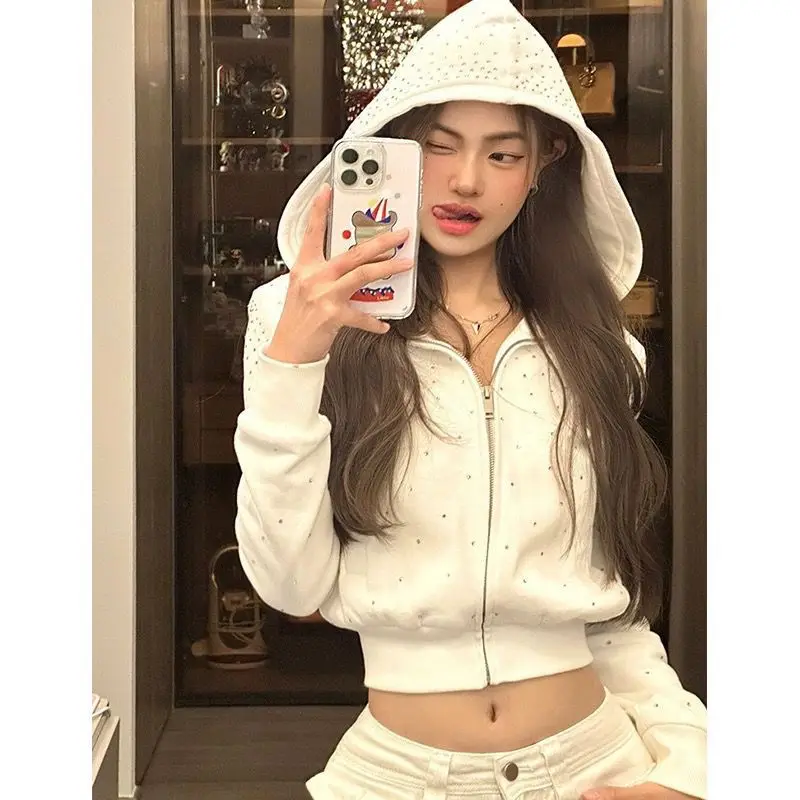 Hot Girl Zip Up Hoodie White Rhinestone Short Long Sleeves Hoody Harajuku Casual Kpop Punk Sweatshirt Top Women Y2k Hoodies Coat