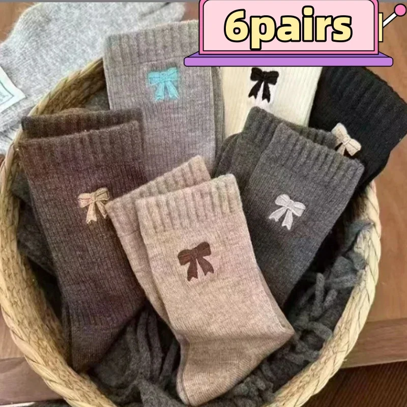 

Winter Warm Mid Calf Socks Women Bow Fleece Cotton Cozy Home Socks Breathable Comfort Retro Elastic Soft Thermal Fashion Socks