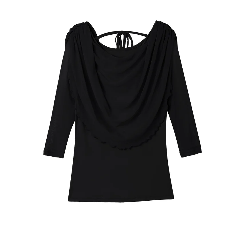 Volwassen Vrouwen Latin Dans Kostuum Zwarte Blouse Half Mouw Mouwen Top Moderne Dans Praktijk Bloem Kant Netto Garen Kraag kleding