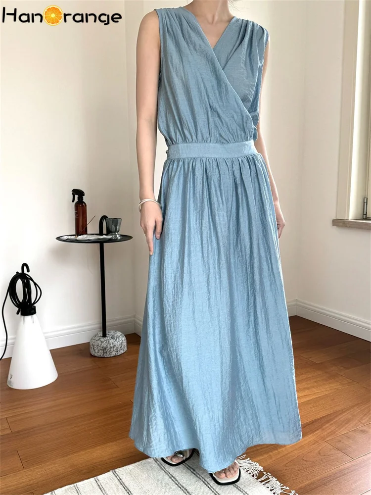 HanOrange 2024 Summer Romantic Waist Fold V-neck Sleeveless Dress Lightweight Cotton Linen Dress Blue/Beige