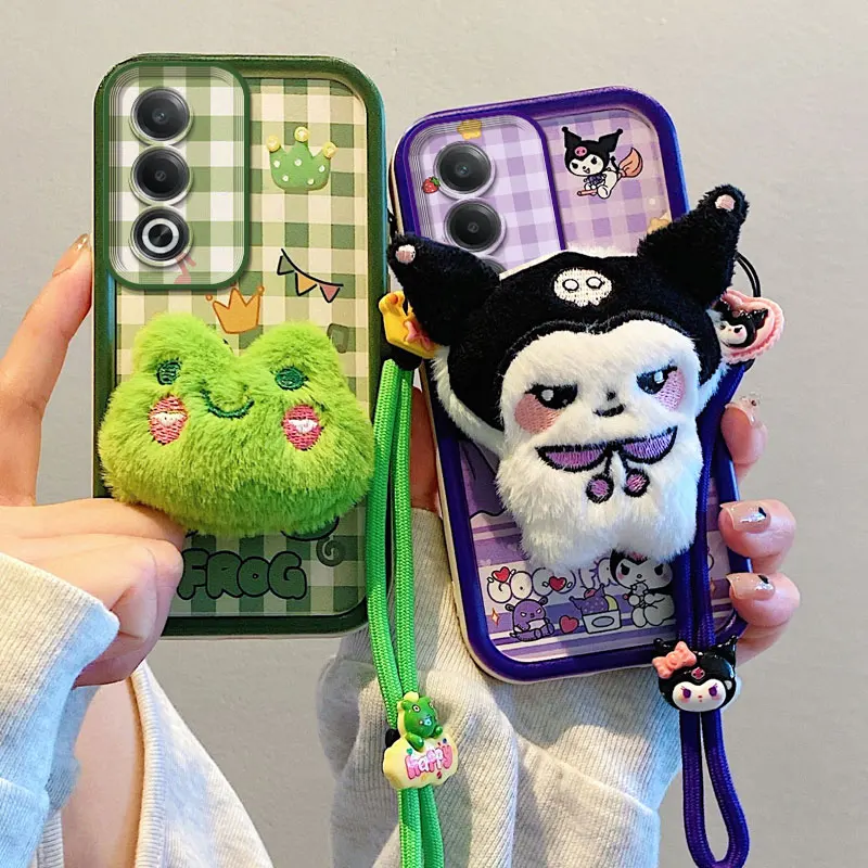 Hello Kitty Kuromi Fur Phone Case For Oppo A31 A32 A33 A35 A36 A38 A39 A53S A54S A55S A56S A57E A57S A58X Bear Toy Strap Cover