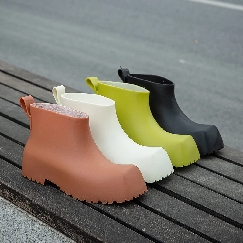 Rain Boots for Women Fashion Designer Square Toe Ankle Rubber Shoes Ladies Garden Work Warmed Galoshes Zapatos Impermeable Mujer