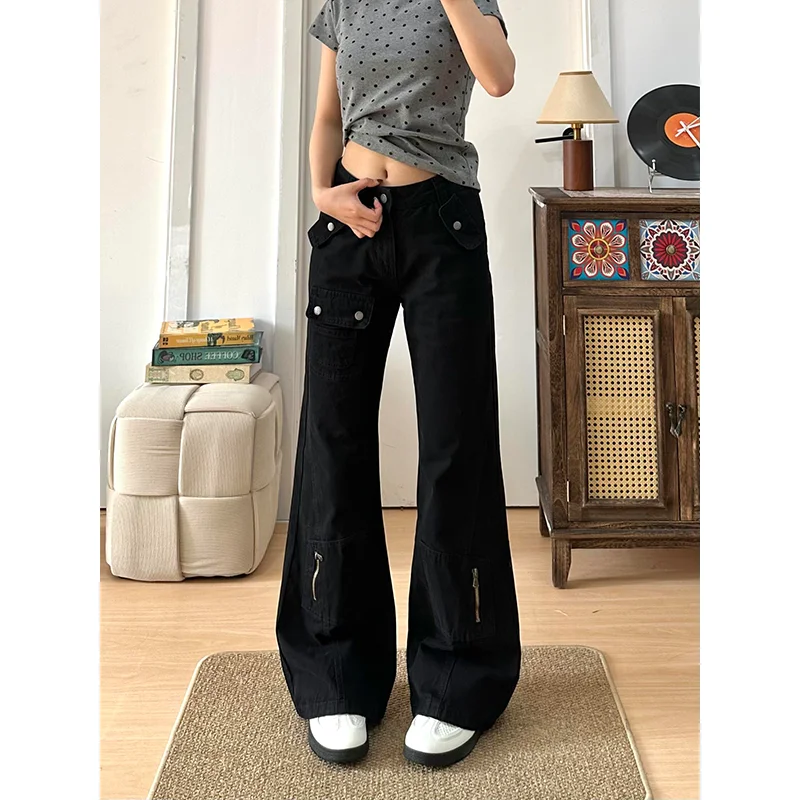 Women's Multi Pocket Micro Flared Black Cargo Jeans Personalized Trousers Cool Girl Casual Bottoms Female Street Denim Pants