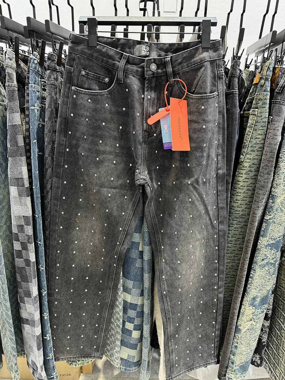 

Black Denim Bottoms Men Straight Fit Baggy Smart Style Full Rhinestones Printed Y2k Jeans Man