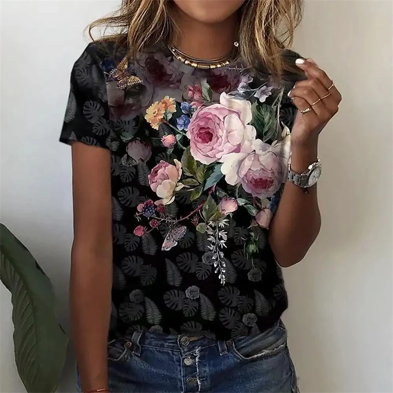 New Women'S T Shirt 3d Flowers Print O-Neck Short Sleeve Tops Tees Streetwear Female Oversized Tshirt Fashion Woman Clothing