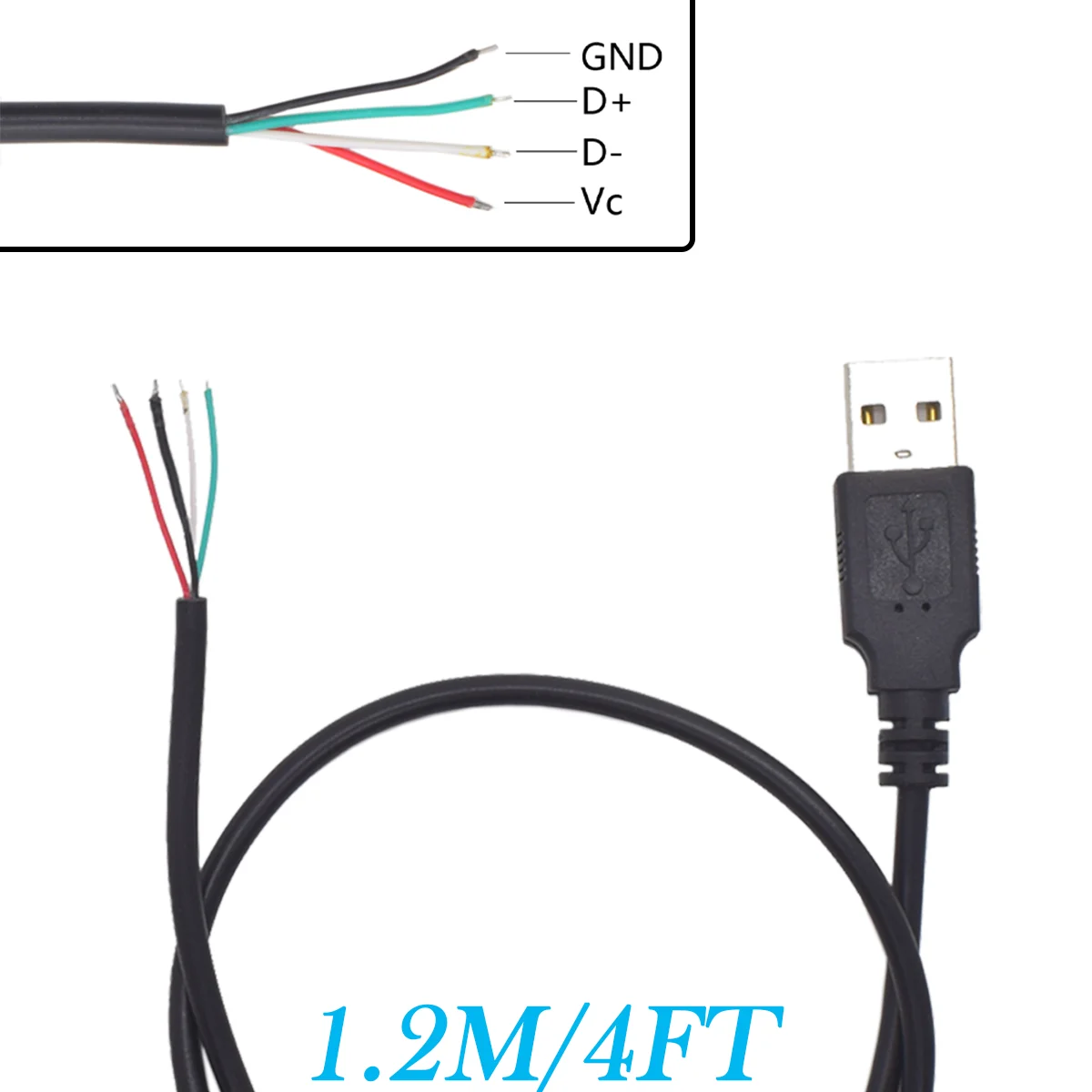 Short USB 2.0 Pigtail 4 Wire - 1.2M/4FT 5V/1A USB A Male 4 Pin Bare Wire Power and Data Cable for DIY