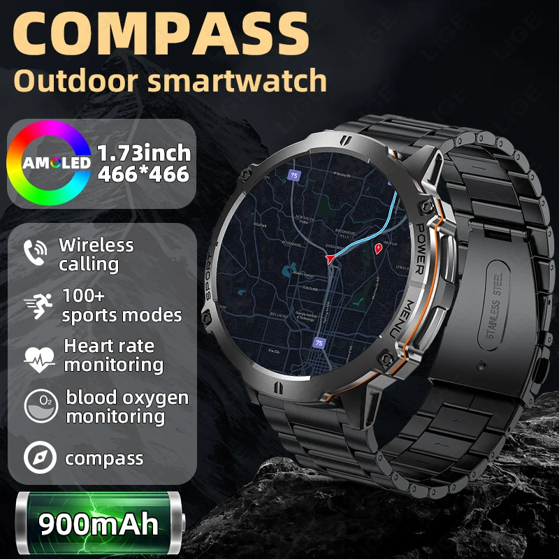 

LIGE AMOLED Smart Watch 900mAh Large Capacity Battery Compass Barometric Altimeter Military Sport Smartwatch Men For Android iOS