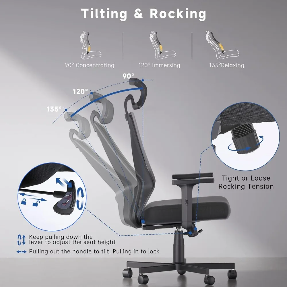 High Back Mesh Office Chair, cadeira do computador com apoio lombar, braço 2D, mesa, encosto de cabeça ajustável