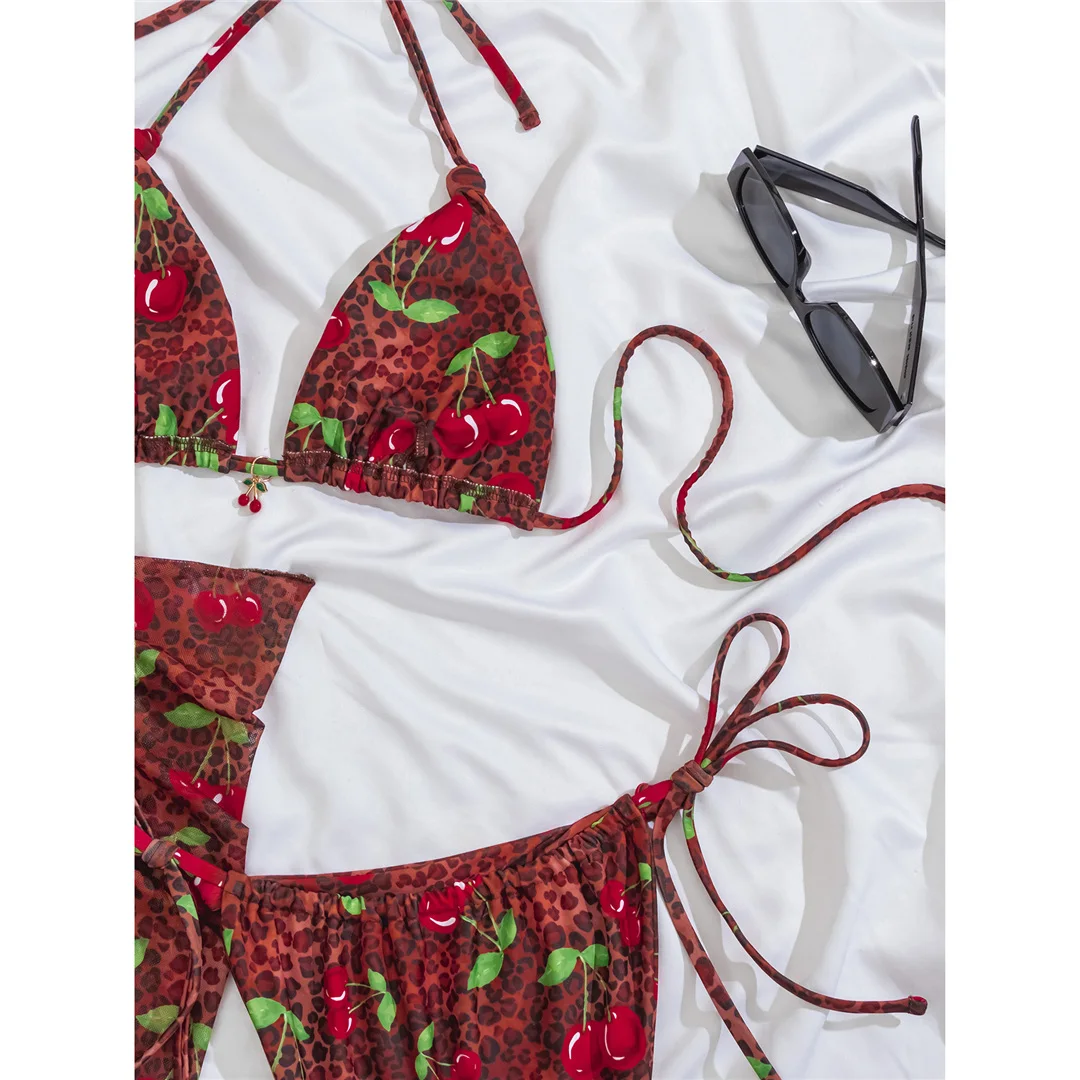 Mit Sarong Leoparden-Bikini, Damen-Badebekleidung, dreiteiliges Bikini-Set, Neckholder-Badeanzug, Badeanzug, Schwimmanzug V7900 – Detail 9