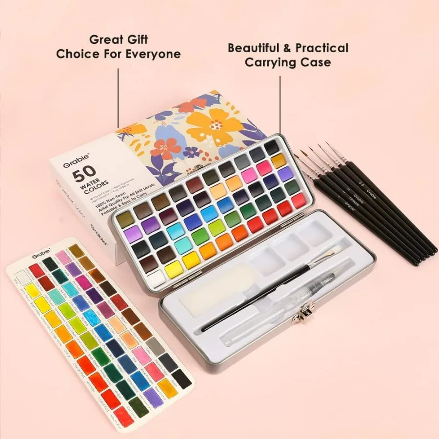 50 Colors Watercolor Paint Set with Detail Paint Brush Included for Artistic Painting Ideal for Travel and Hobbyists Comprehens