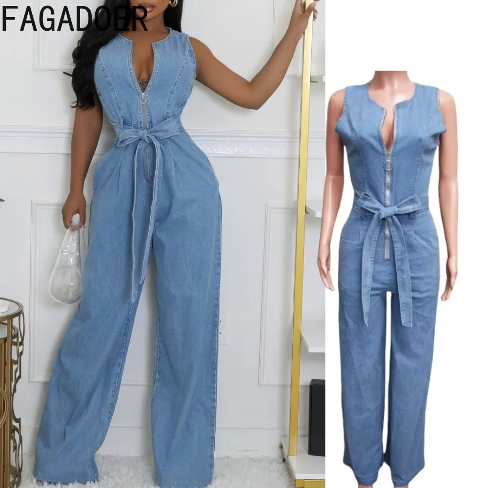 FAGADOER Denim Jumpsuit Women Casual Sleeveless Zip Bandage Patchwork One Pieces Straight Overalls Fashion Streetwear 2025 New