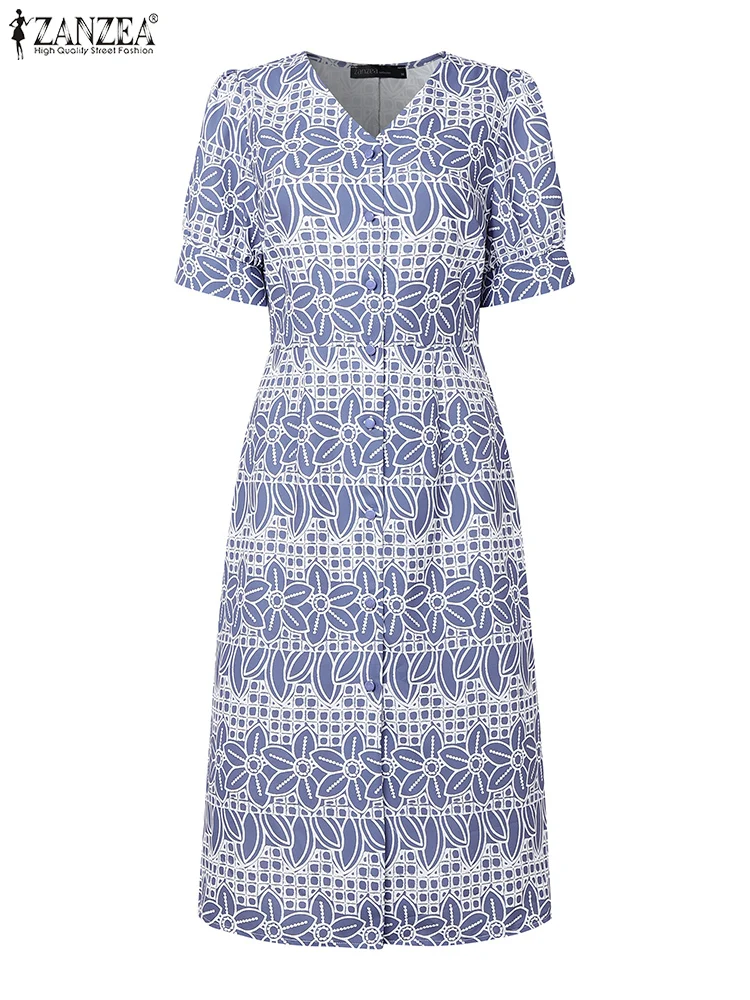 ZANZEA femmes élégant imprimé fleuri Robes mi-longues 2025 été chic col en v manches courtes bouffantes a-ligne Robes Femme boutonné Robes