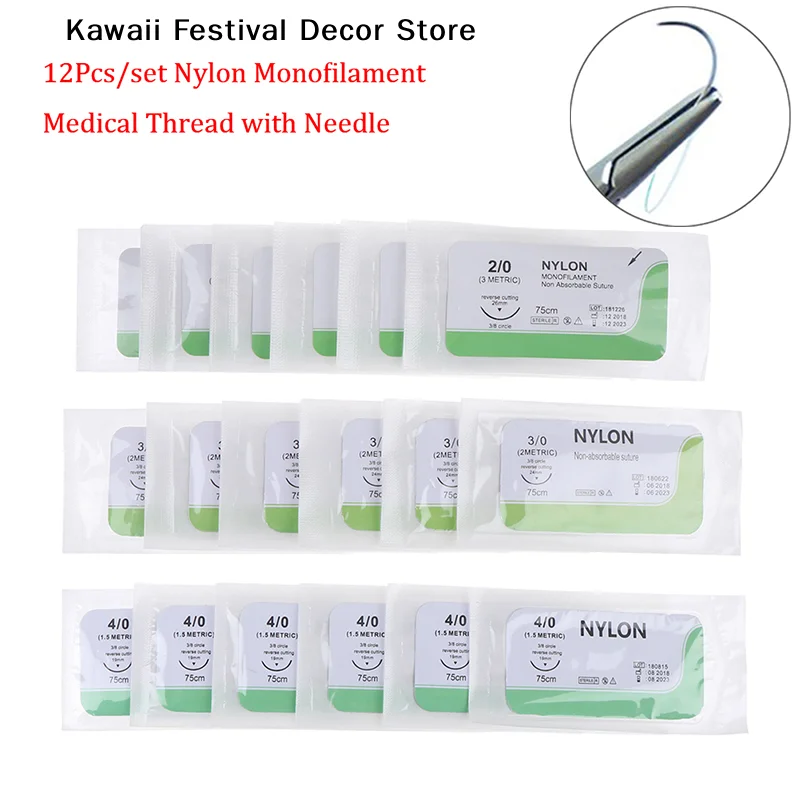 【K】12Pcs 2/0 3/0 4/0 5/0 Medical Needle Suture Nylon Silk Polyester Thread Suture Practice Kit Teaching Demonstrations Exercises