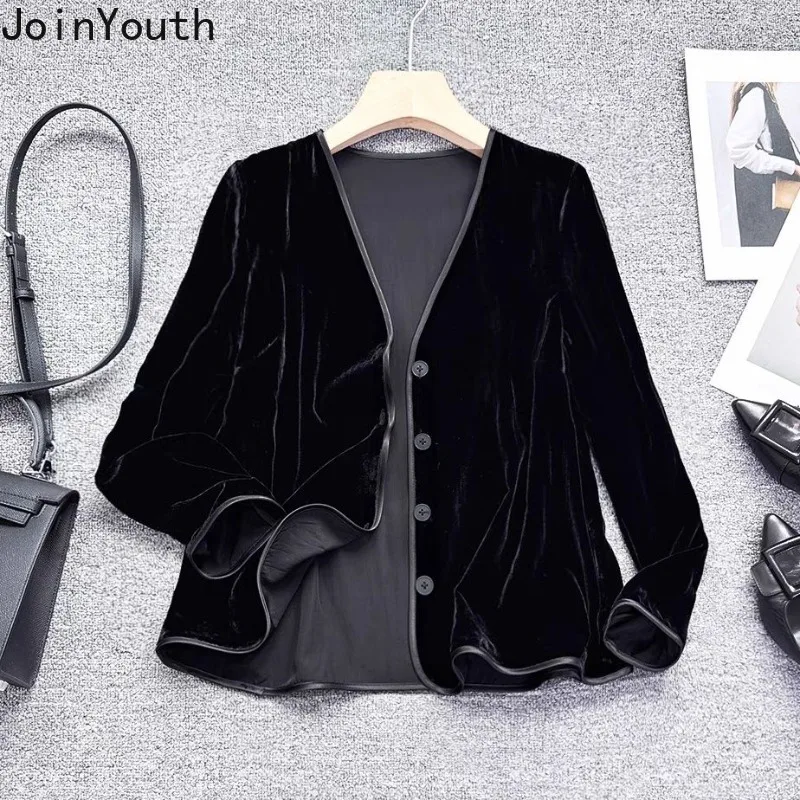 Velvet Black Jackets 2024 Women\'s Clothing Chinese Style Vintage Outwear Ropa Mujer Oversized Tops V-neck Chic Temperament Coats