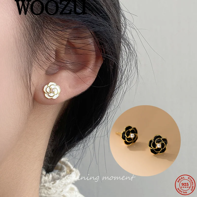 

WOOZU стерлингового серебра 925 пробы романтический элегантный дизайн камелия черная эмаль жемчужные серьги с цветком для женщин свадебные подвески ювелирные изделия