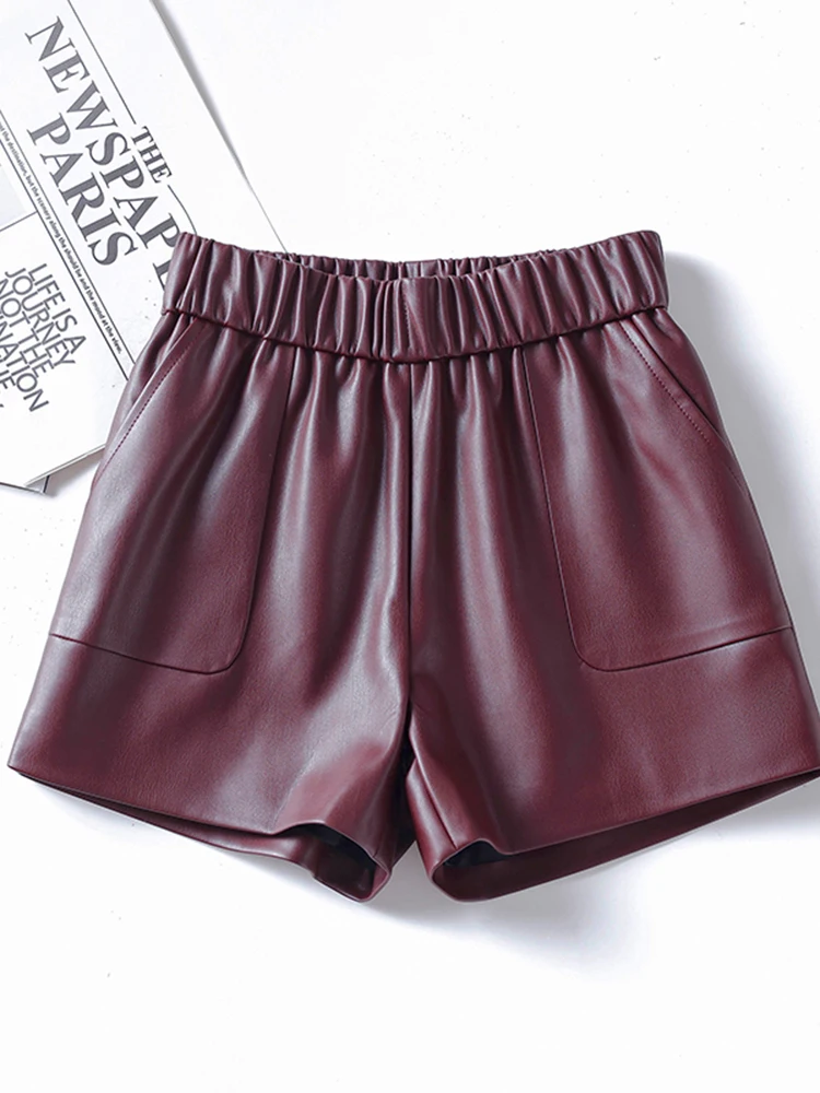 

Ning Real Leather Shorts Women's High Waist Wide Leg Casual Pants Autumn Winter Fashion plus Size Slimming A-Line Shorts