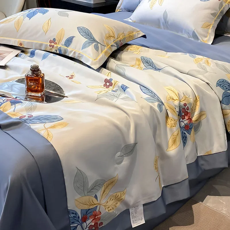 Luxury Faux Silk Summer Cooling Quilt Set High-Quality Smooth Quilt with Sheet Pillowcase Exquisite Printed Comforter Sets