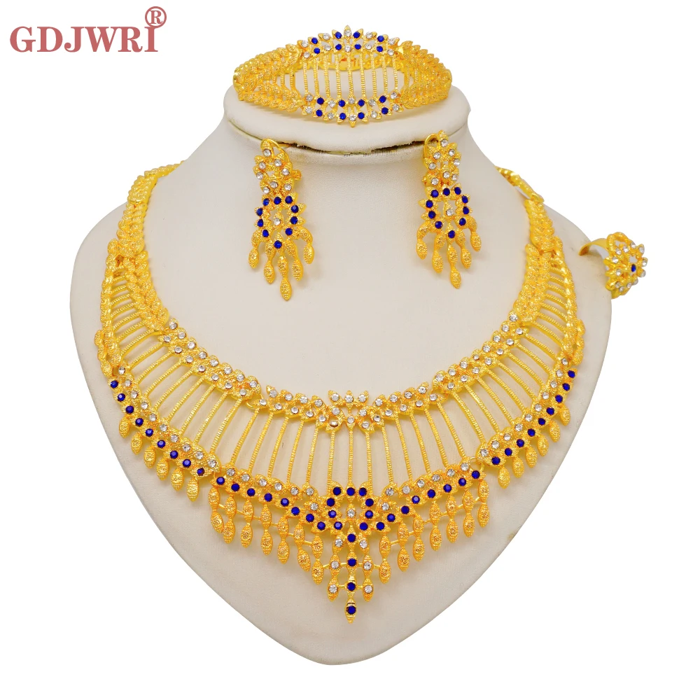 

Fashion Nigeria Dubai Gold Color Jewelry Sets African Wedding Gifts Party For Women Bracelet Necklace Earrings Ring Set Party