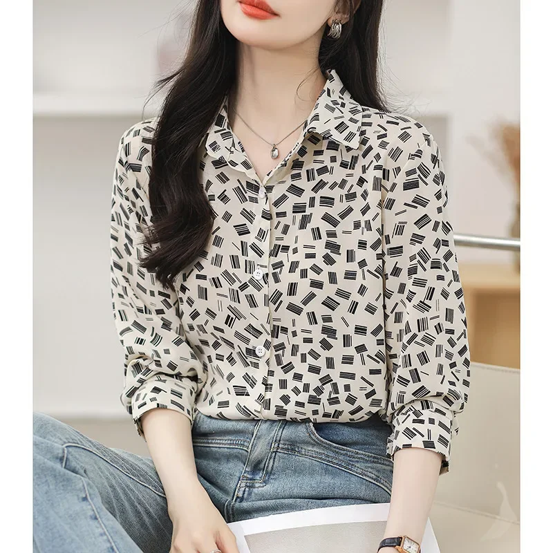 

Retro Long Sleeve Printed Shirt Fashion Korean Casual Office Lady Tops Women's Clothing