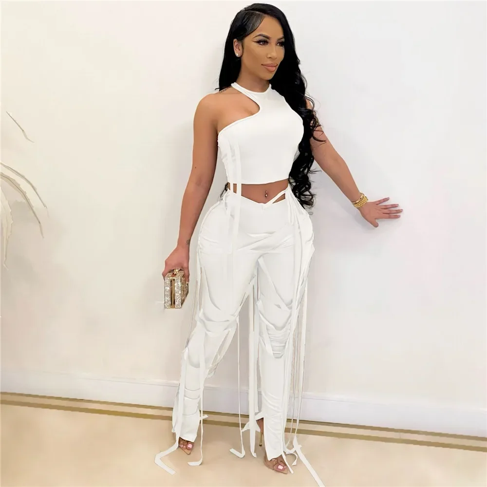 Sexy PU Faux Leather Two Piece Set for Women Matching Sets Y2K Party Club Crop Top and Ribbons Pants 2 Piece Sets Women Outfit