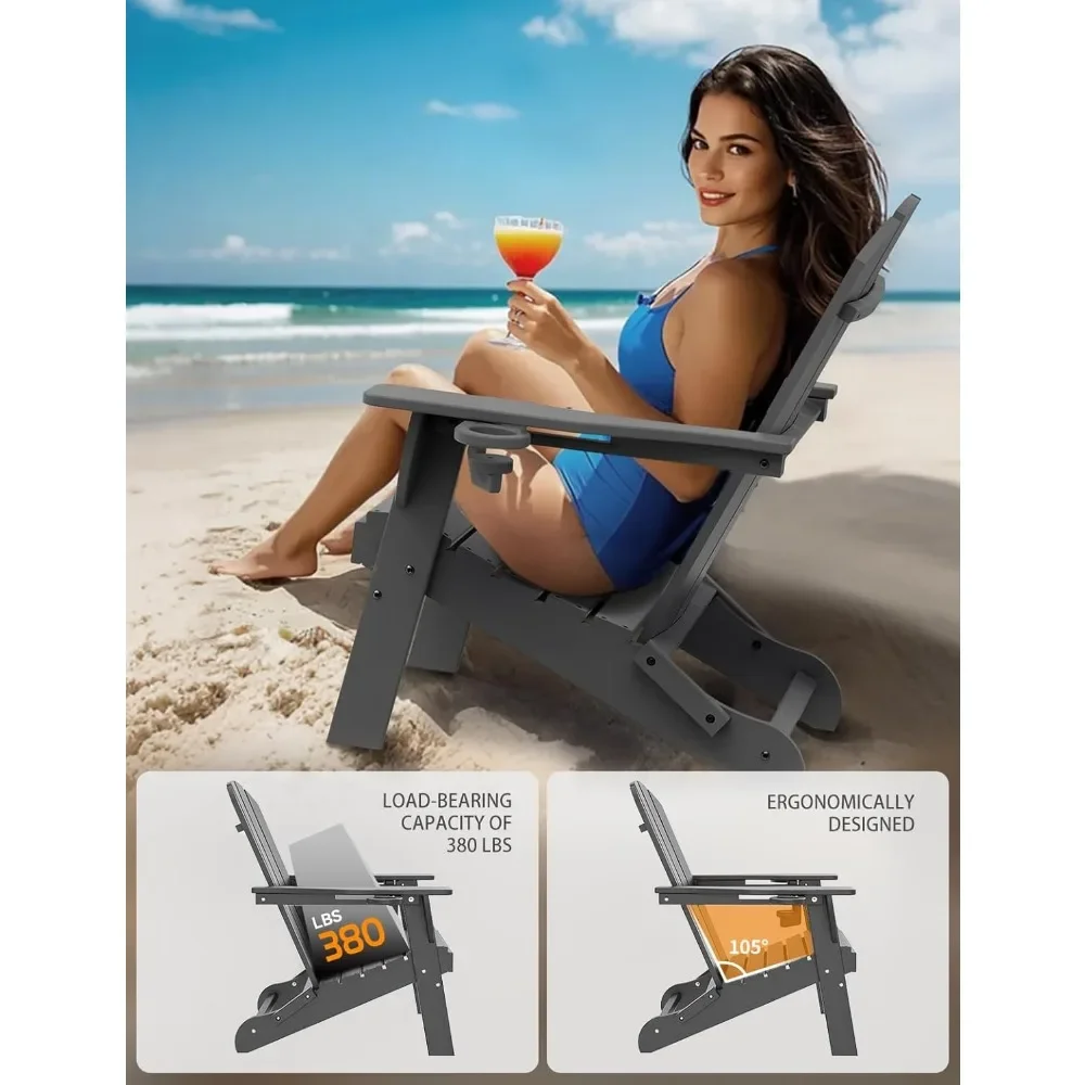 Cadeira dobrável Adirondack, cadeiras Adirondack de plástico texturizado de madeira com 2 suporte para copos, cadeira para fogueira HDPE resistente às intempéries,