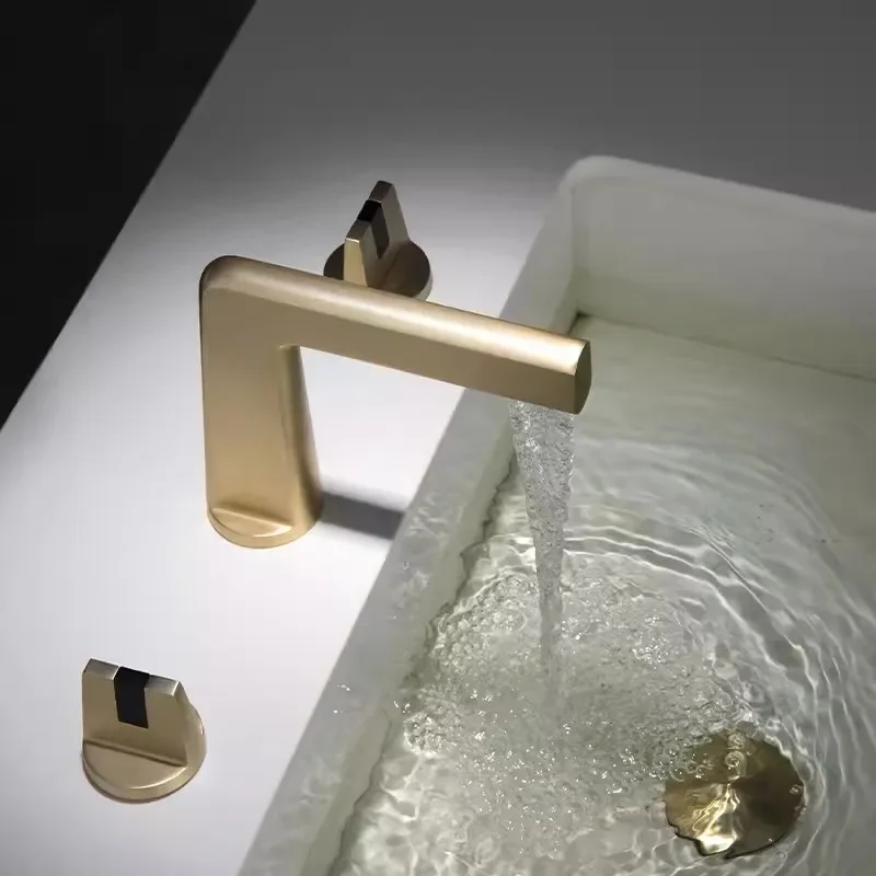 Brushed Gold Basin Total Brass Black Bathroom Gray Sink Faucets 3 Hole Hot And Cold Waterfall Faucet Water Tap