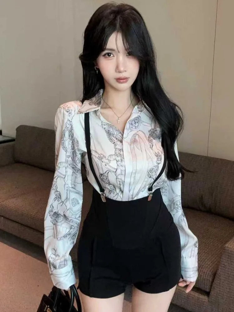 

Fashionable Pure Desire Print Collar Long Sleeve Shirt High Waist Shorts Two Piece Set Spring New Style Elegant Casual Wear