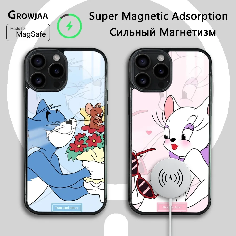 

Cartoon T-Tom And J-Jerry Phone Case For iPhone 16 15 14 13 12 11 Pro Max Plus Mini Magsafe Mirror Wireless Magnetic Cover