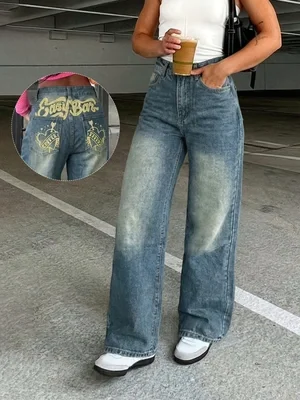 Women High Waist Non Stretch Wide Leg Jeans Vintage Washed Denim Pants Back Graphic Print Loose Streetwear Trousers