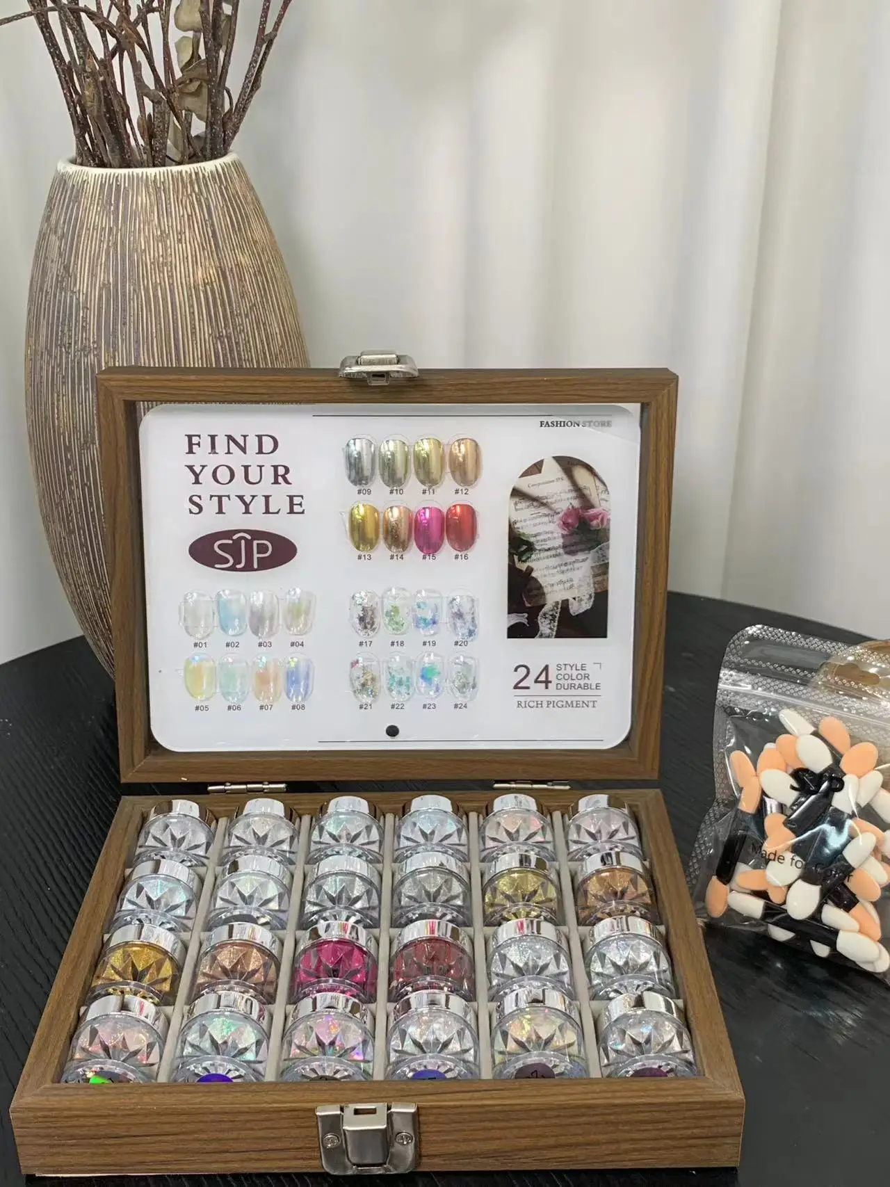 24-color Opal Protein Aurora Chrome Powder Nail Art Set, High-end Magic Mirror Powder Set, with Storage Box and Nail Swabs