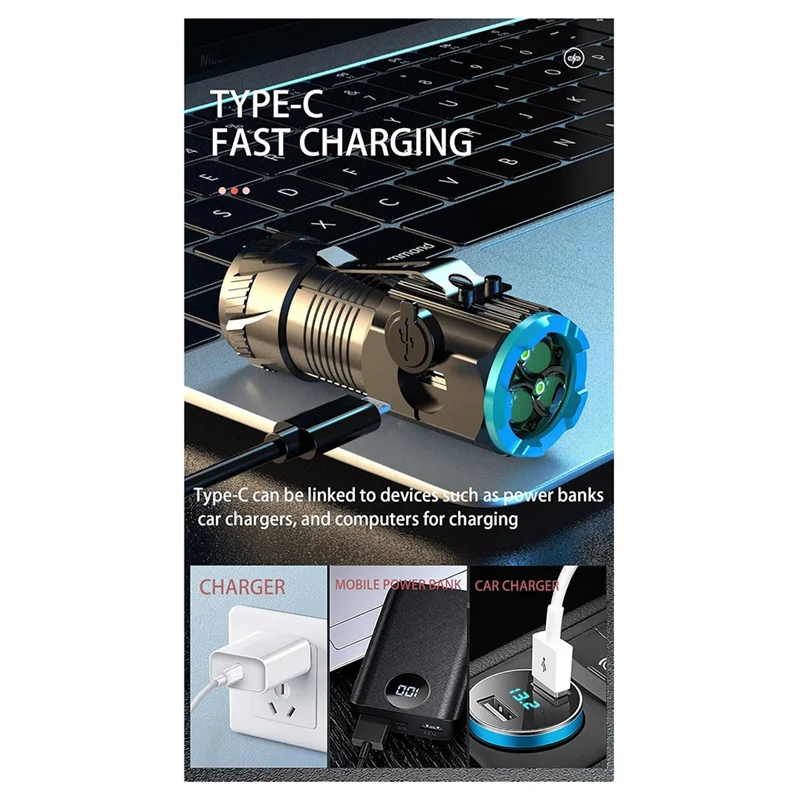 

ABGG-Outdoor Camping Torch Rechargeable 1000 Lumens LED Flashlight Multifunction Emergency Strobe Light 3 Lamp Beads