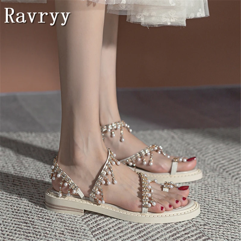 Summer Fairy Pearl Tassel Flat Sandals Women Thimble Toe Rhinestones Roman Shoes New Design Girl Dress Wedding Shoes