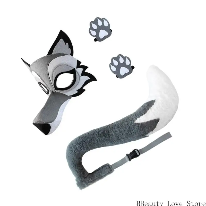 Wolf Face Mask Mask Wolf Tail en Handschoenen Halloween Animal Wolf -kostuum voor Kid volwassene