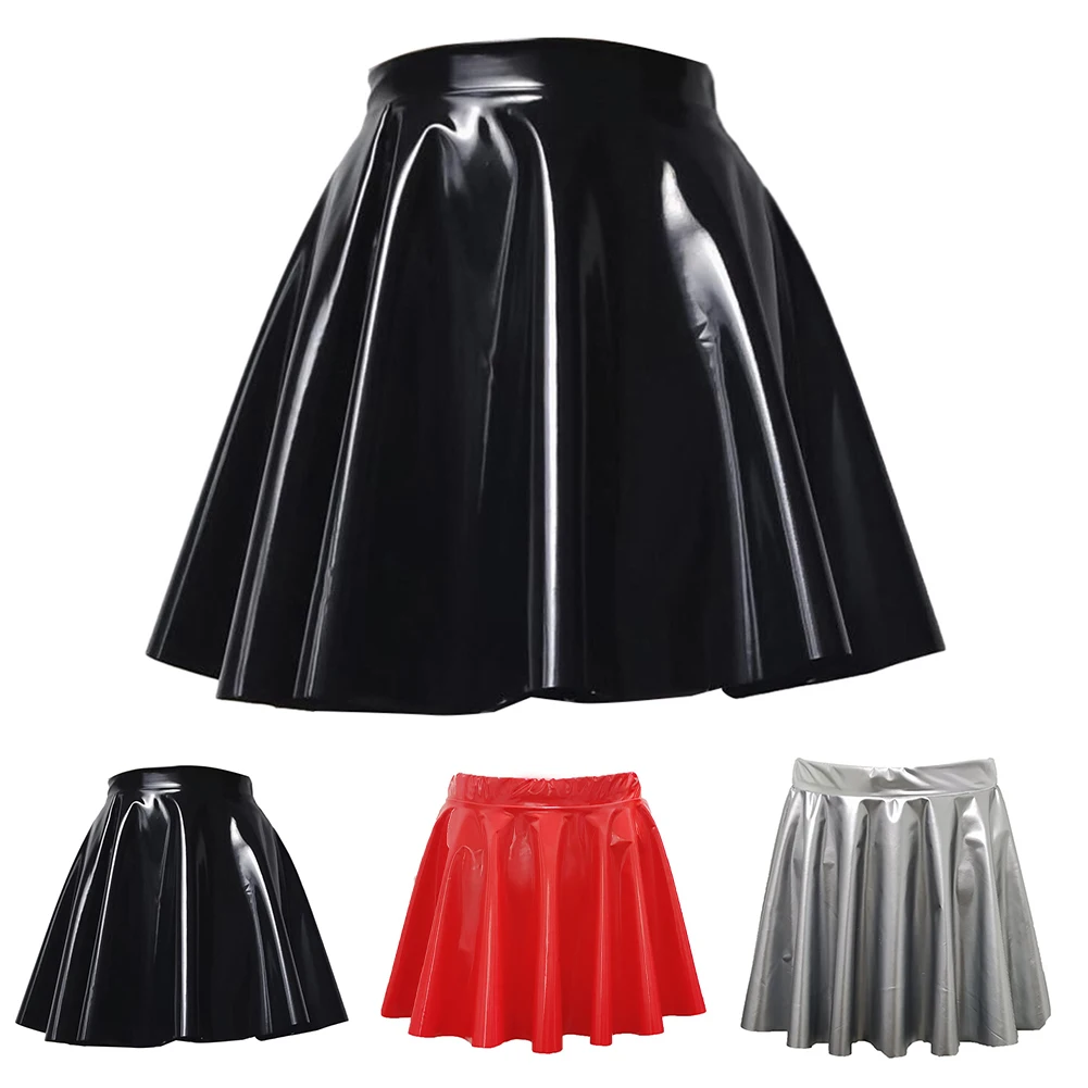 Gonna da donna in pelle PVC Gonna corta a pieghe Svasata A Line Skater Gonne Clubwear Danza Mini abito corto lucido in lattice elastico
