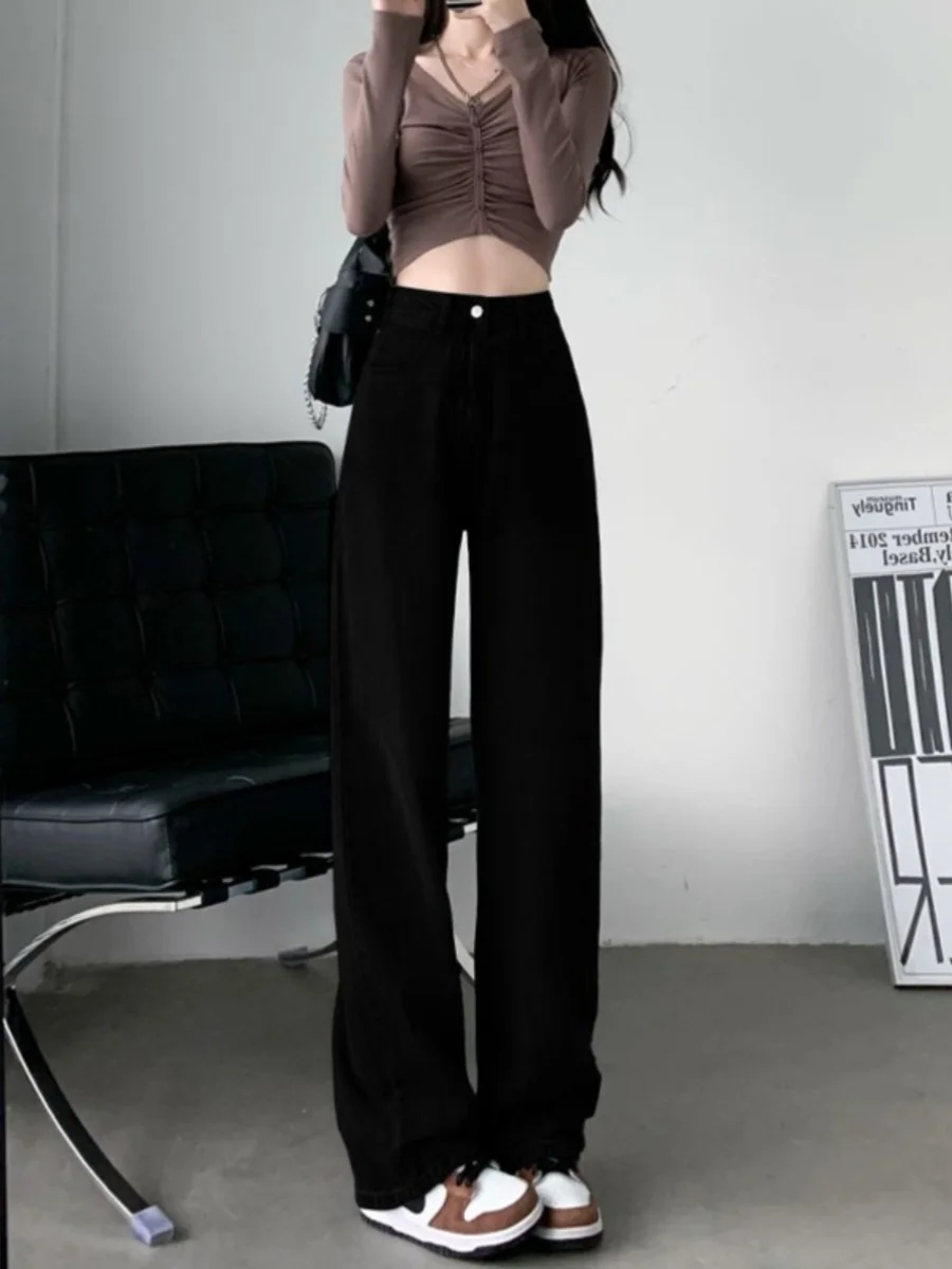 

High Waist Wide Leg Denim Jeans Women's Spring Autumn plus Size Pear Shape Straight Loose Draping Floor-Length Pants