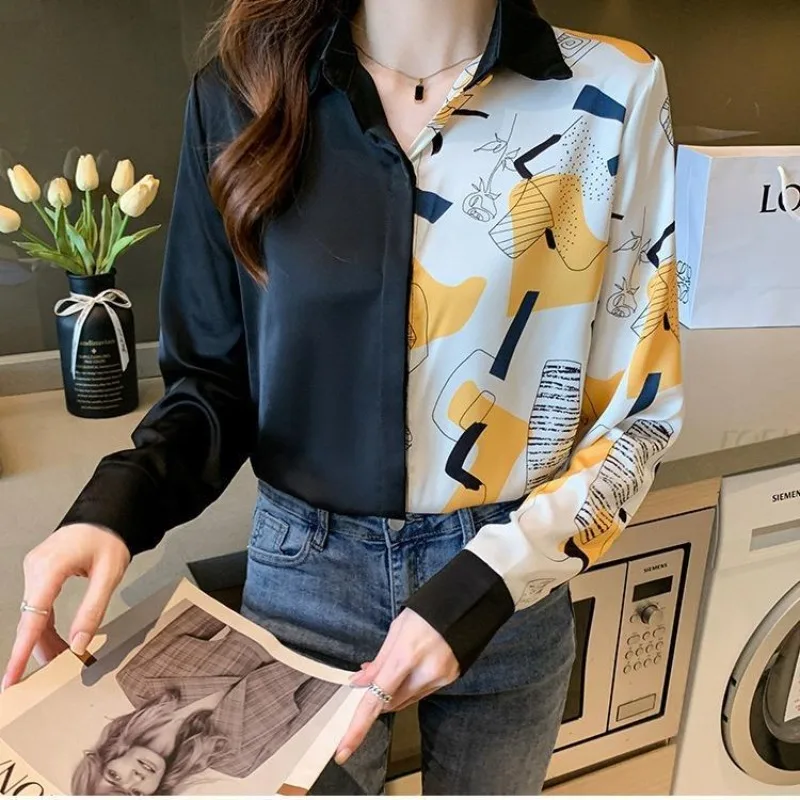 Ladies Spring Summer Fashion Simplicity Button Printing Color Blocking Polo Collar Women Shirts Office Lady Trend Long Sleeve To