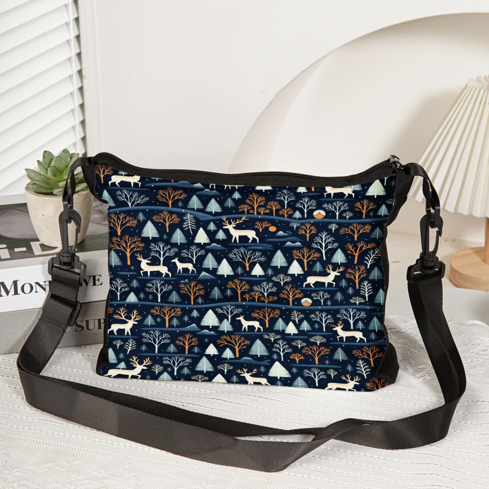 Fashion Crossbody Bag Navy Blue Deer And Trees Pattern Shoulder Bags For Women Outdoor Travel Shopping Daily Use Casual Style