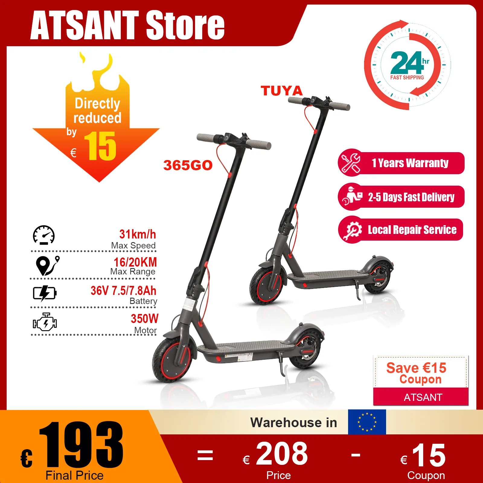 ATSANT Adult Electric Scooter 350W Powerful Motor 31KM/h 15-20KM Range 36V 7.5/7.8Ah Short Distance Portable Foldable Scooter