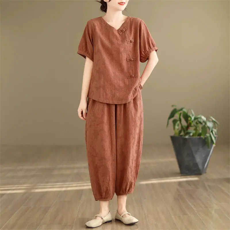 

Summer Retro Fashion Cotton And Linen Jacquard Suit For Women Loose Casual Short Sleeved Top Lantern Pants Tw Piece Set K2355