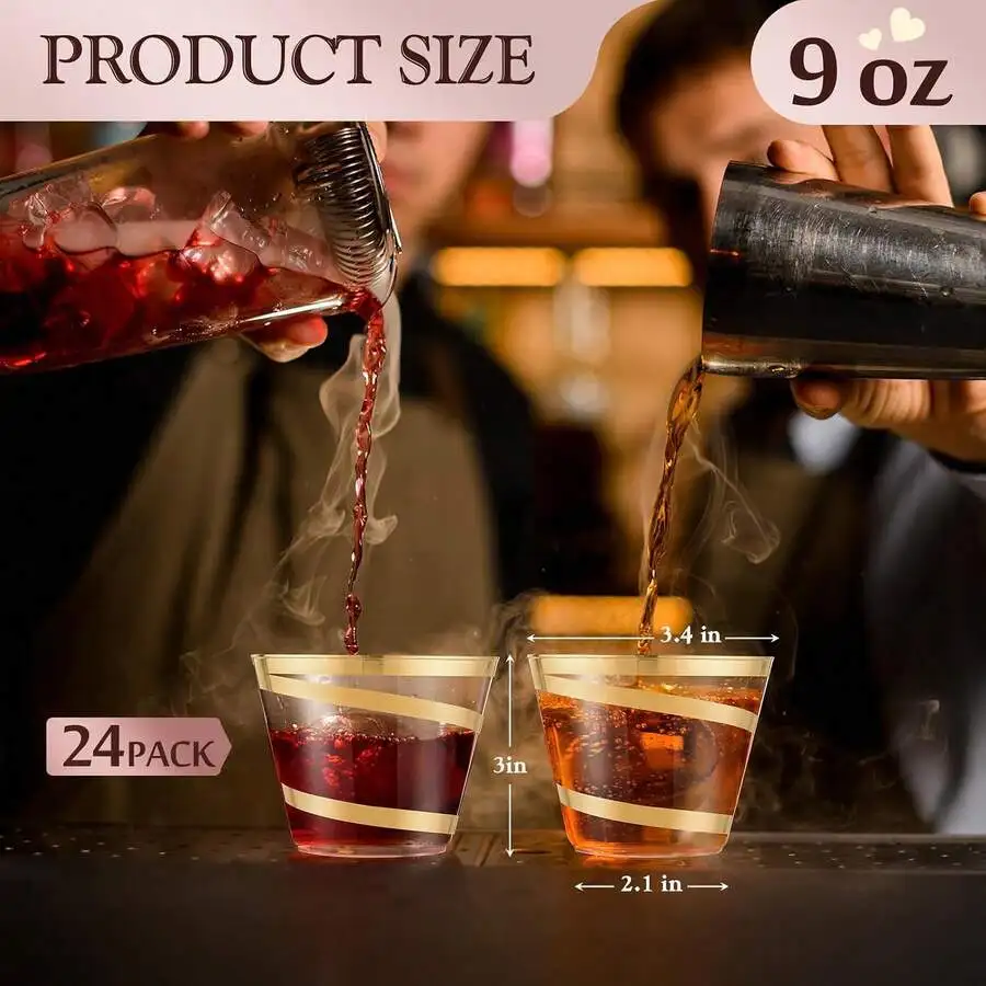 50 Pack Plastic Cups, 9OZ Fancy Cocktail Glasses For Juice, Soda, Alcohol, Fruit, Cake, Stemless Wine Glass, Gold Trim Party Cup
