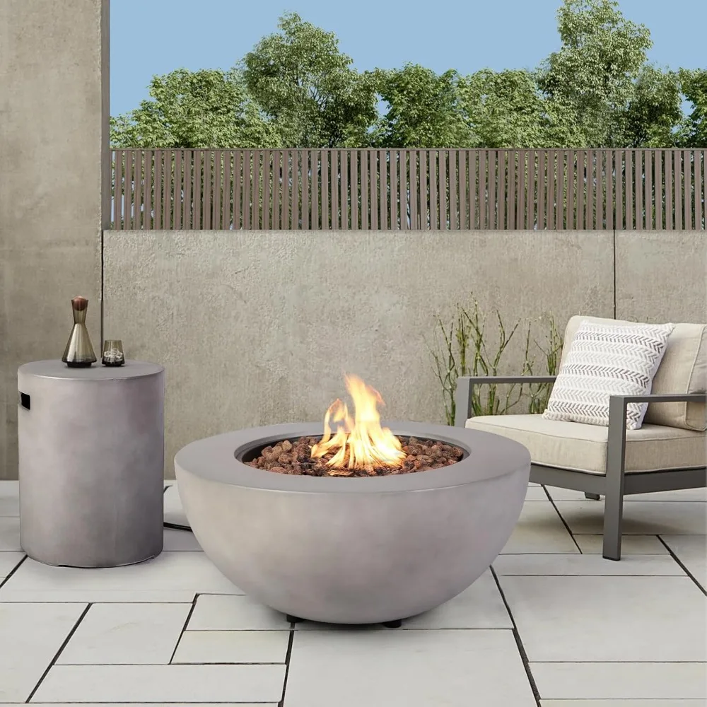 2-Piece Outdoor Propane Fire Pit Table Se,t W/Tank Cover Table, 31.5-inch 50,000 BTU Bowl Concrete Firepit ,Fire Pits