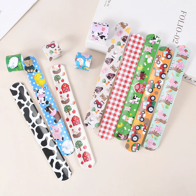 12pcs Cartoon Animal Slap Bracelets Chicken Cow Sheep Bracelets Slap Band Toy For Boys Girls Kids Birthday Party Favor