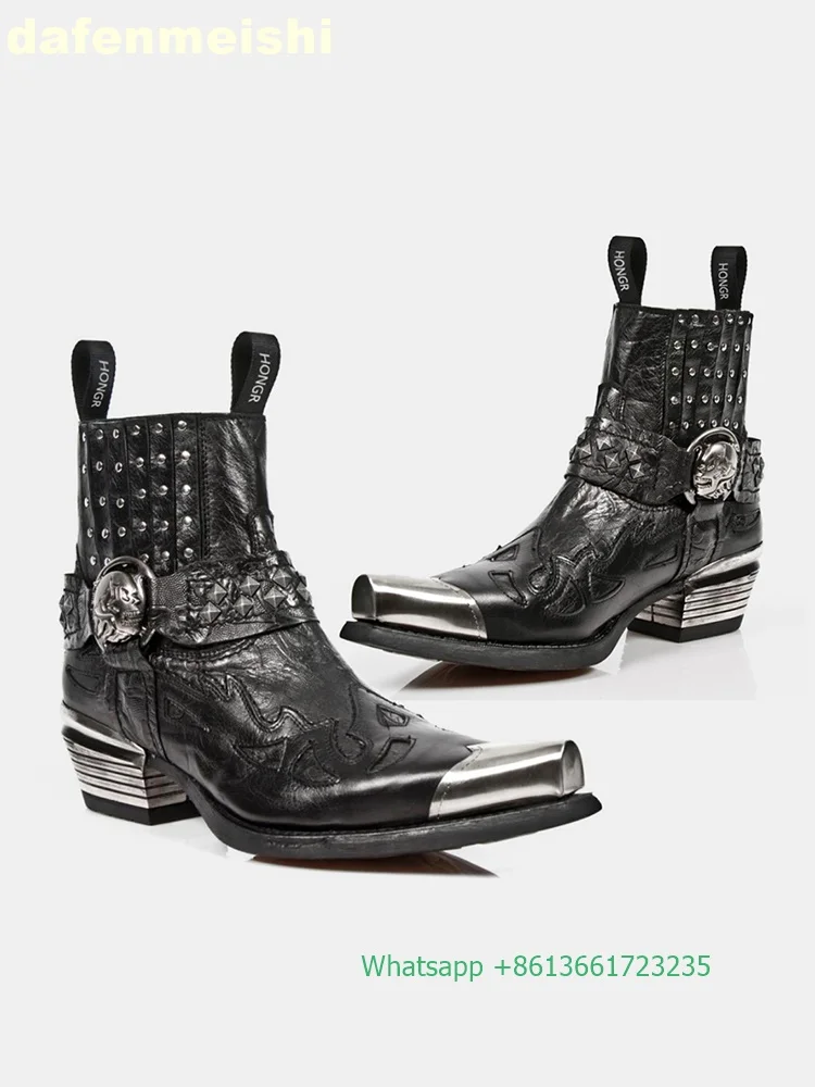 Metal Square Toe Chunky Heel Boots Rivet Metal Buckle Black Leathe Western Cowboy Boots Men/women Height Increasing Chelsea Boot